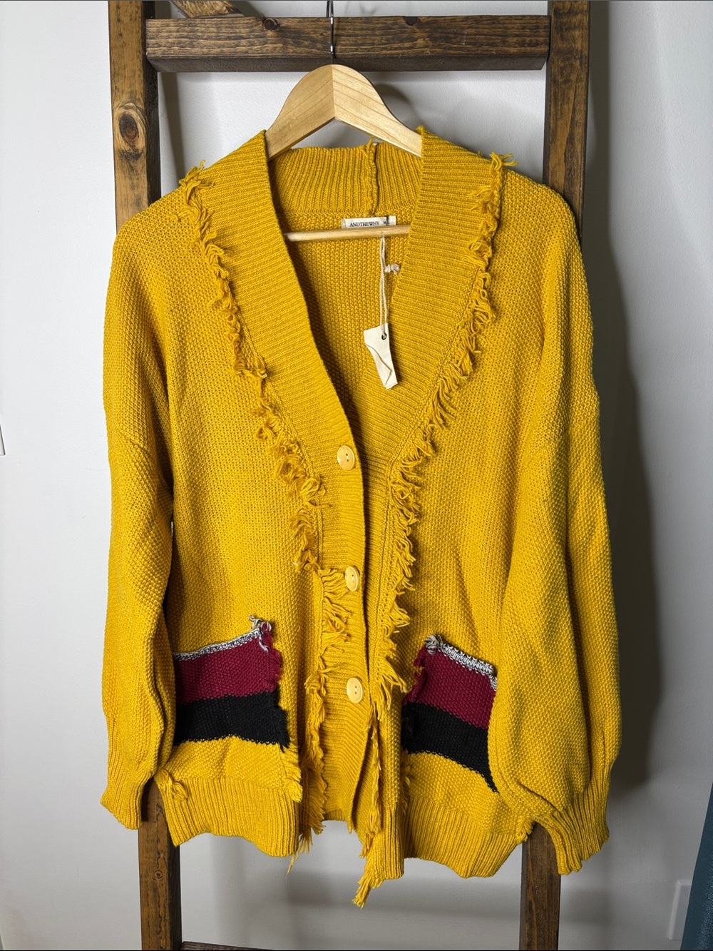 ANDTHEWHY Mustard Fringe Trim Knit Cardigan with Striped Pockets Size M/L